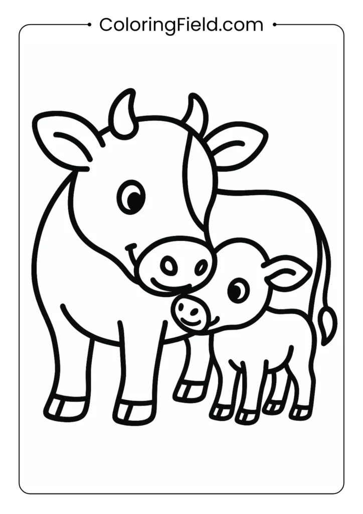 Mother cow nuzzling baby calf simple outline coloring page