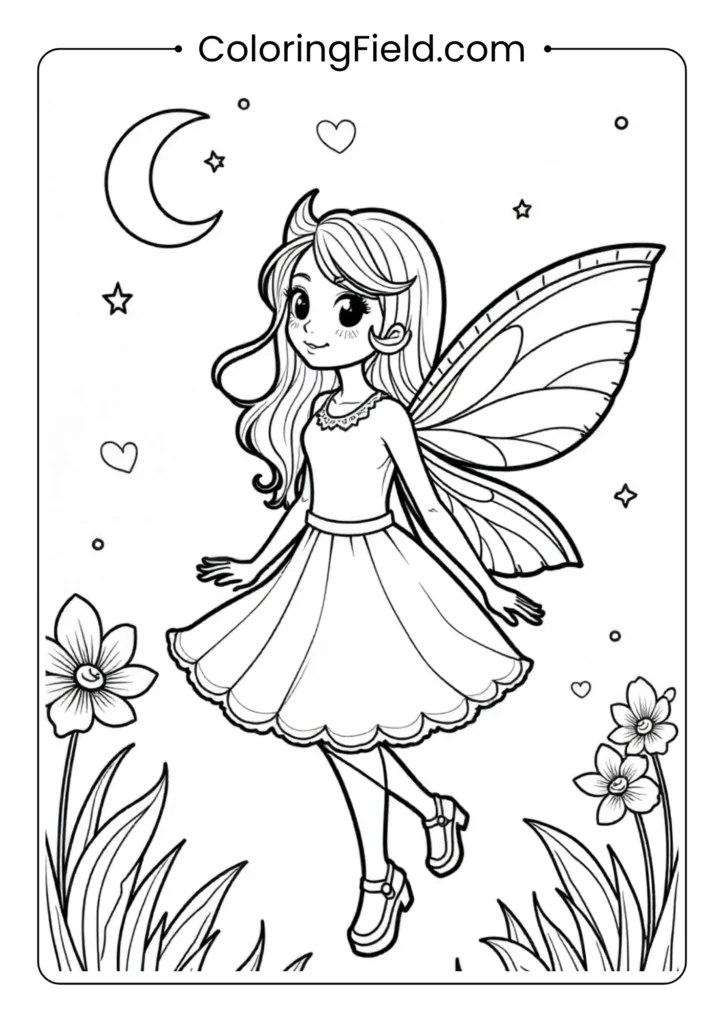 Moonlight fairy coloring page featuring a graceful fairy sitting or flying beneath a glowing moon surrounded by stars and soft night clouds.