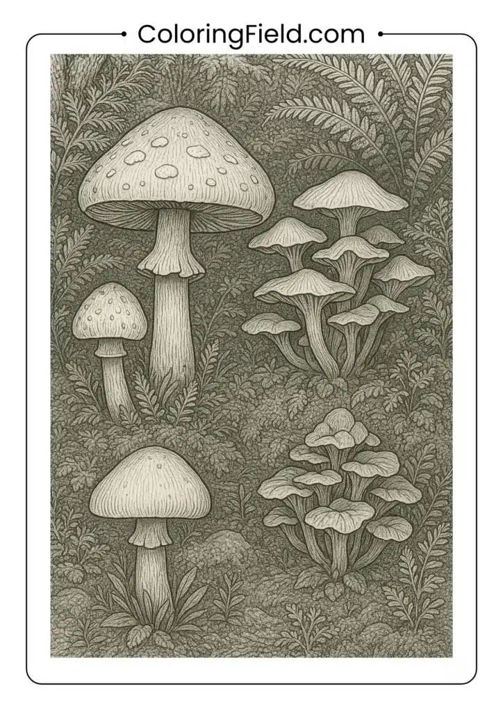 Mushroom scene with intricate moss, ferns, and forest floor elements coloring page