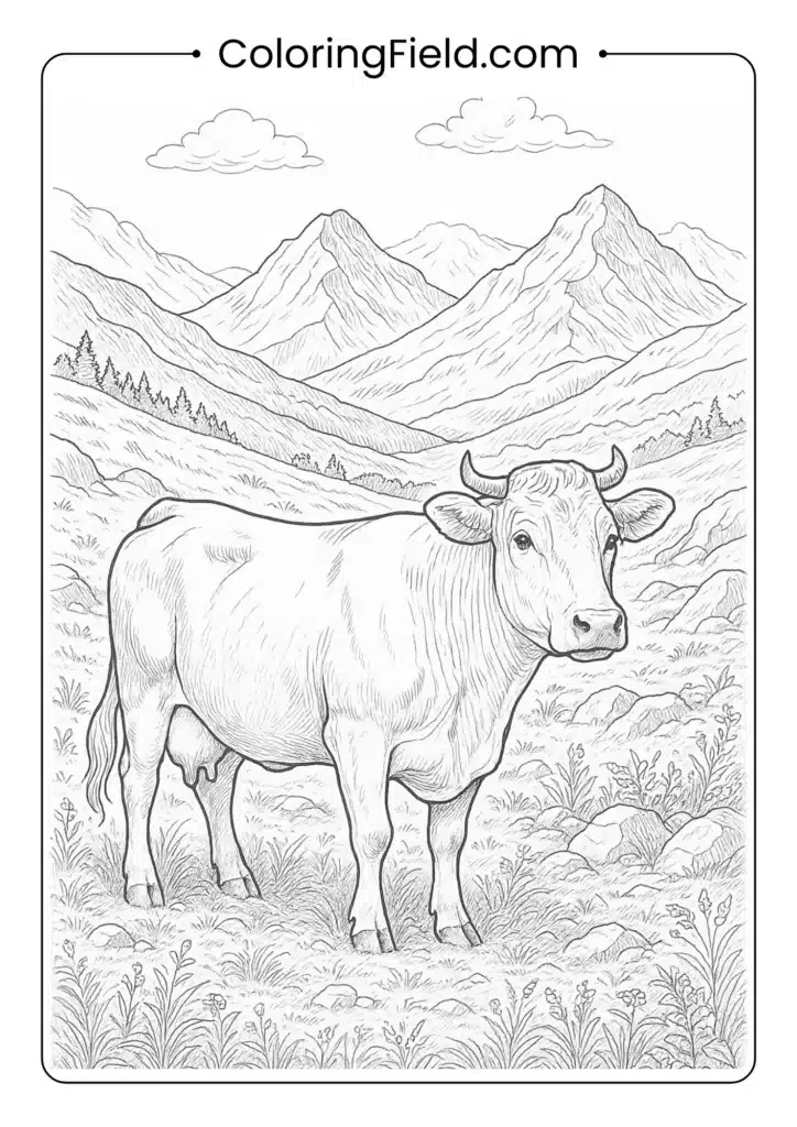 Realistic cow in detailed mountain pasture with rocky terrain landscape