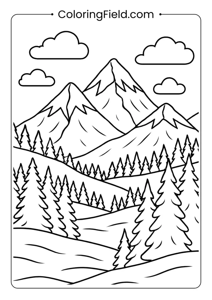 Mountain landscape coloring page with snow capped peaks and evergreen forest