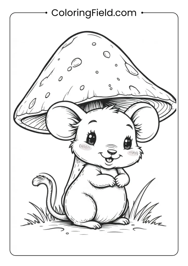 Mouse in front of a mushroom coloring page featuring a cute mouse standing or sitting near a large whimsical mushroom surrounded by grass and small plants.