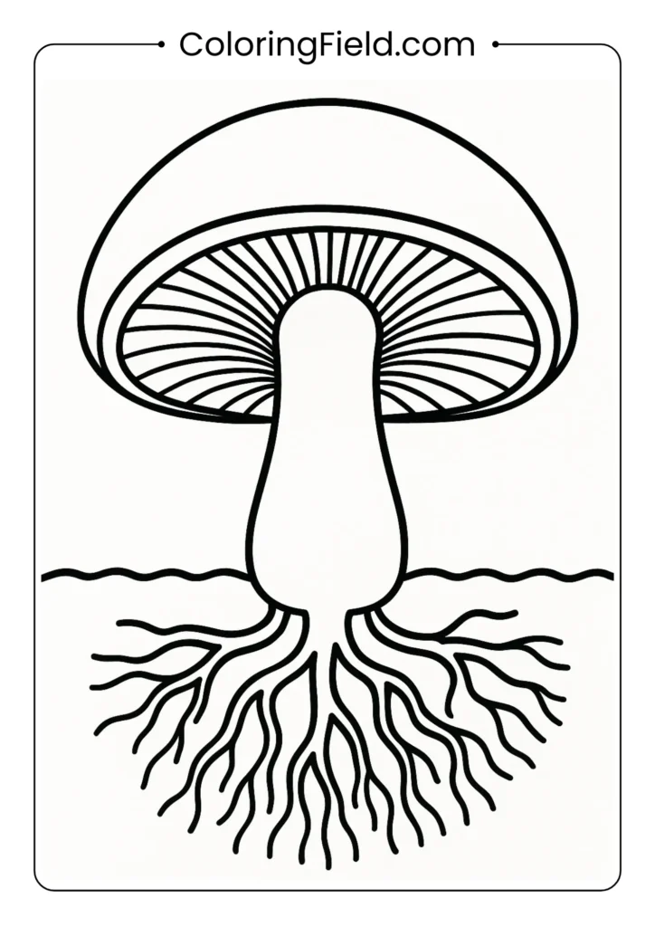 Detailed mushroom cross-section showing internal structure and gills coloring page