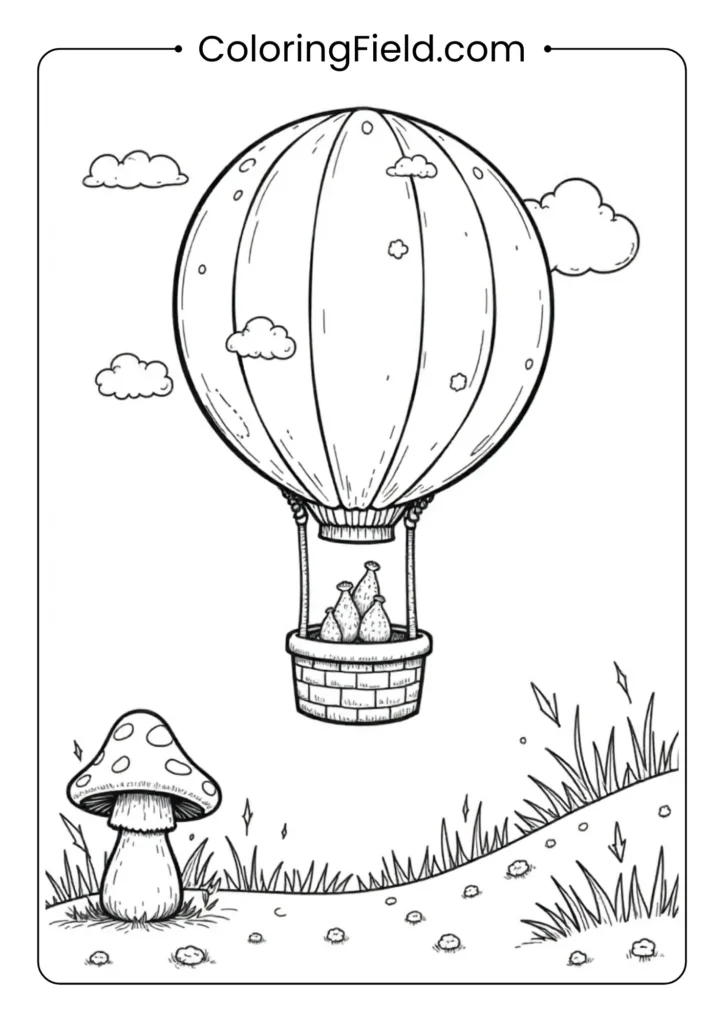 Mushroom balloon adventure coloring page featuring a whimsical mushroom carrying a basket or platform lifted by colorful balloons, floating above a forest scene.