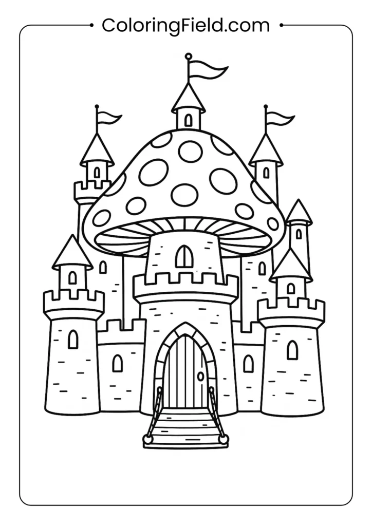 Mushroom castle with towers, flags, and drawbridge coloring page