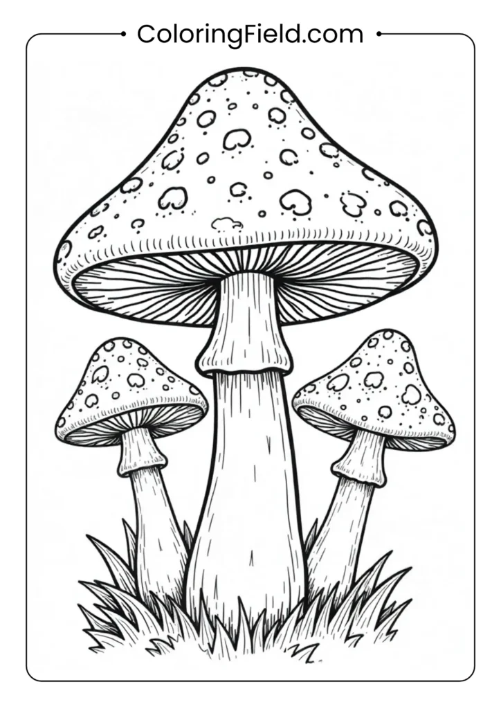 Mushroom coloring page featuring a single whimsical mushroom with a detailed cap and stem, surrounded by grass or small plants.