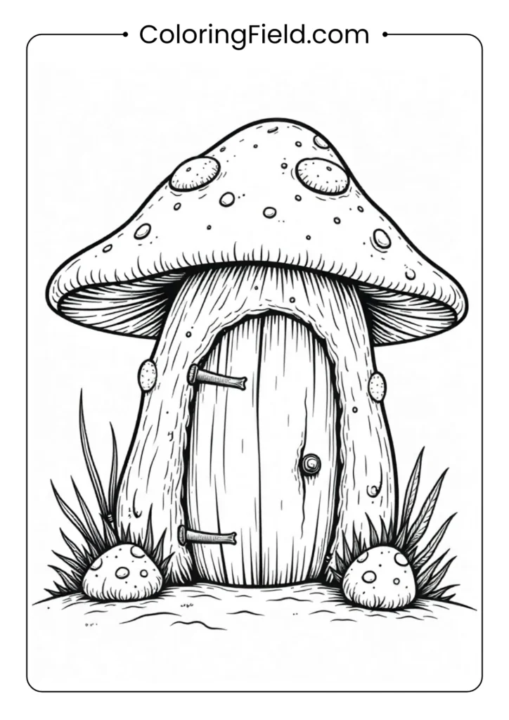 Mushroom fairy door coloring page featuring a whimsical door built into a large mushroom, surrounded by plants and magical details.