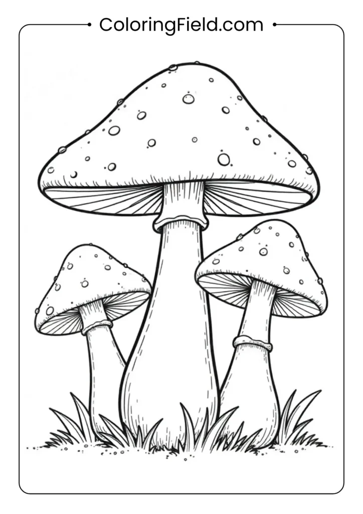 Mushroom family coloring page featuring a group of cute mushrooms of different sizes with smiling faces, arranged like a family.