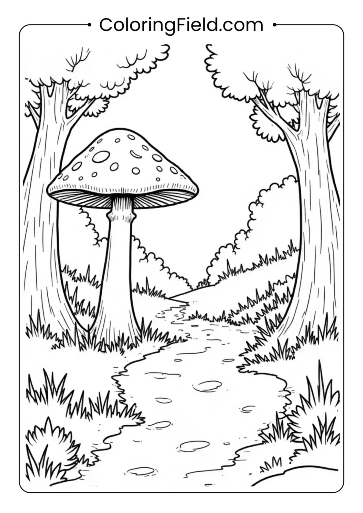 Mushroom forest path coloring page featuring a winding path through a whimsical forest filled with various mushrooms, plants, and small woodland details.