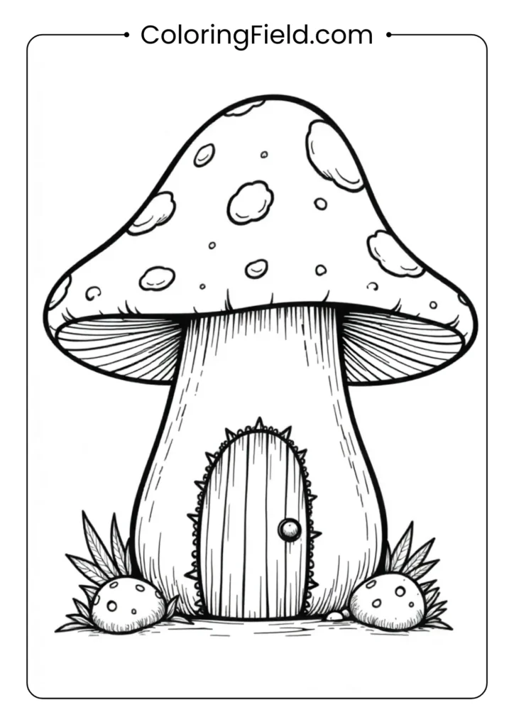 Mushroom house with a door and windows coloring page featuring a whimsical mushroom-shaped home with a front door, windows, and surrounding garden details.