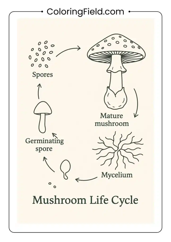 Mushroom lifecycle diagram showing spore to mature mushroom stages coloring page