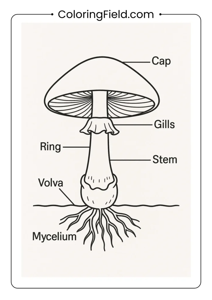 Mushroom anatomy diagram with labeled parts and structures coloring page