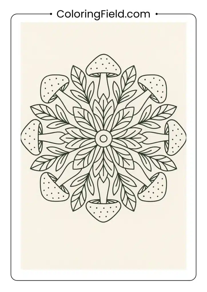 Flower-like mandala with mushroom caps as petals coloring page