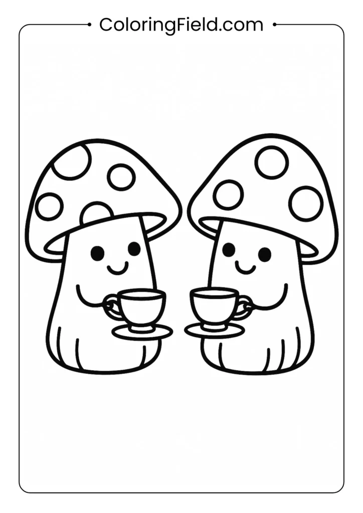 Two cartoon mushrooms having tea party with cups and saucers coloring page