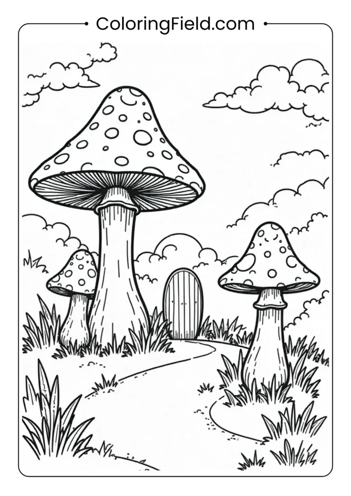 Mushroom village scene coloring page featuring a whimsical collection of mushroom houses with doors, windows, and surrounding plants creating a cozy village.