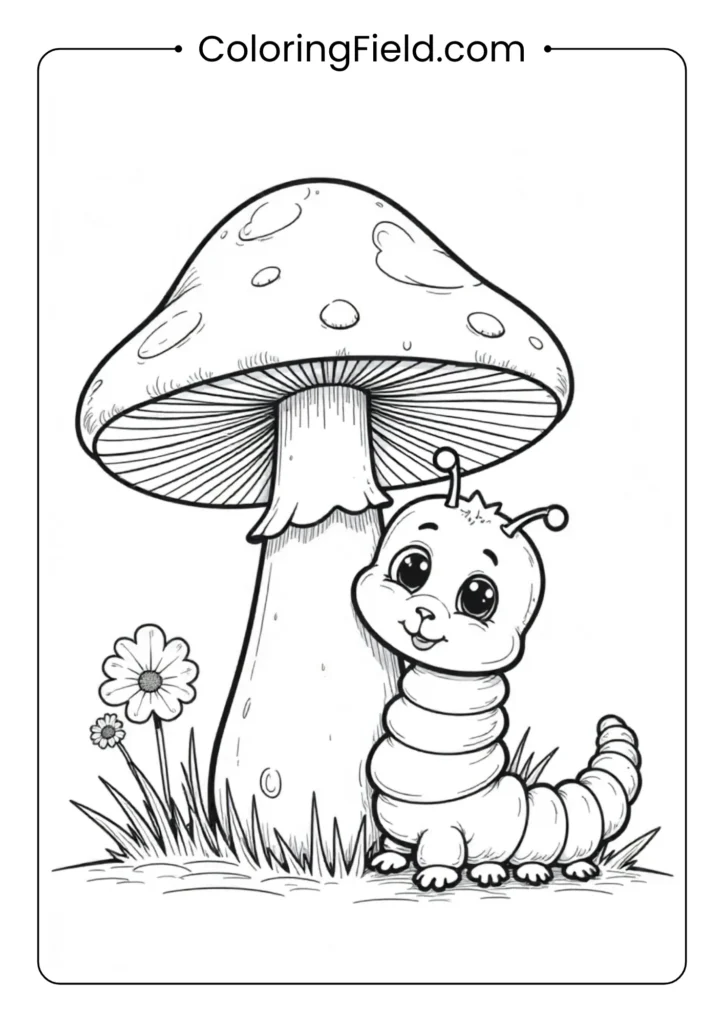 Mushroom and caterpillar friendship coloring page featuring a cute caterpillar sitting on or near a whimsical mushroom, both with cheerful expressions.
