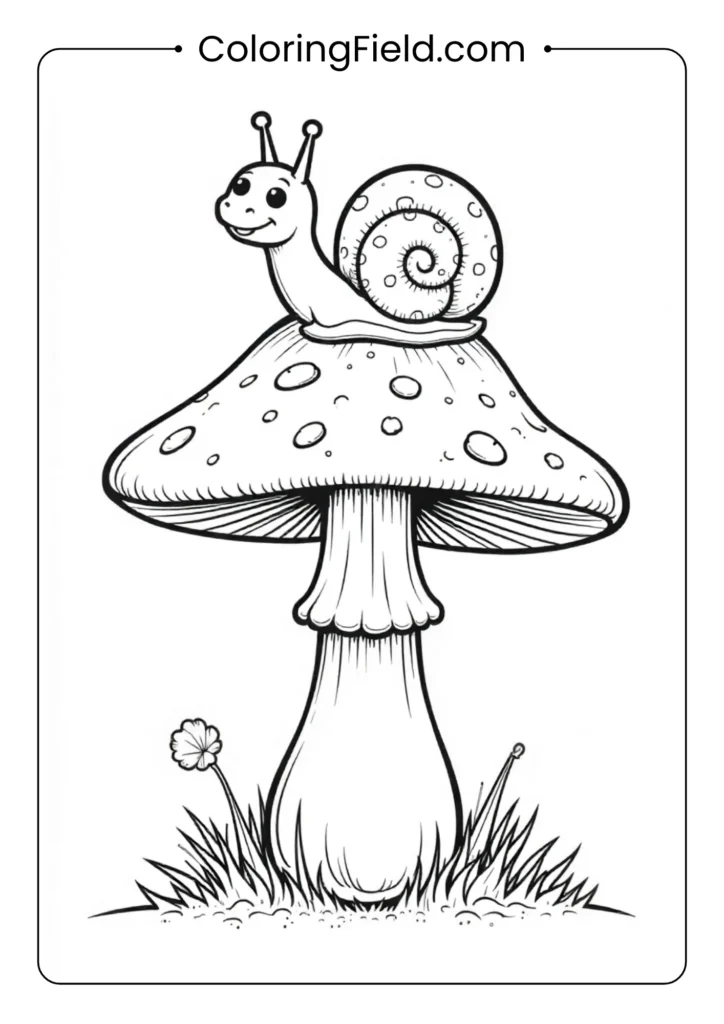 Mushroom with snail on top coloring page featuring a cute snail sitting on the cap of a whimsical mushroom surrounded by grass and small plants.