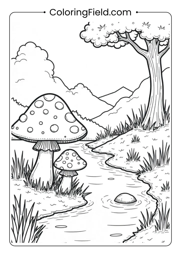 Mushrooms beside a sparkling stream coloring page featuring whimsical mushrooms growing along the edge of a gently flowing, sparkling stream with surrounding plants.