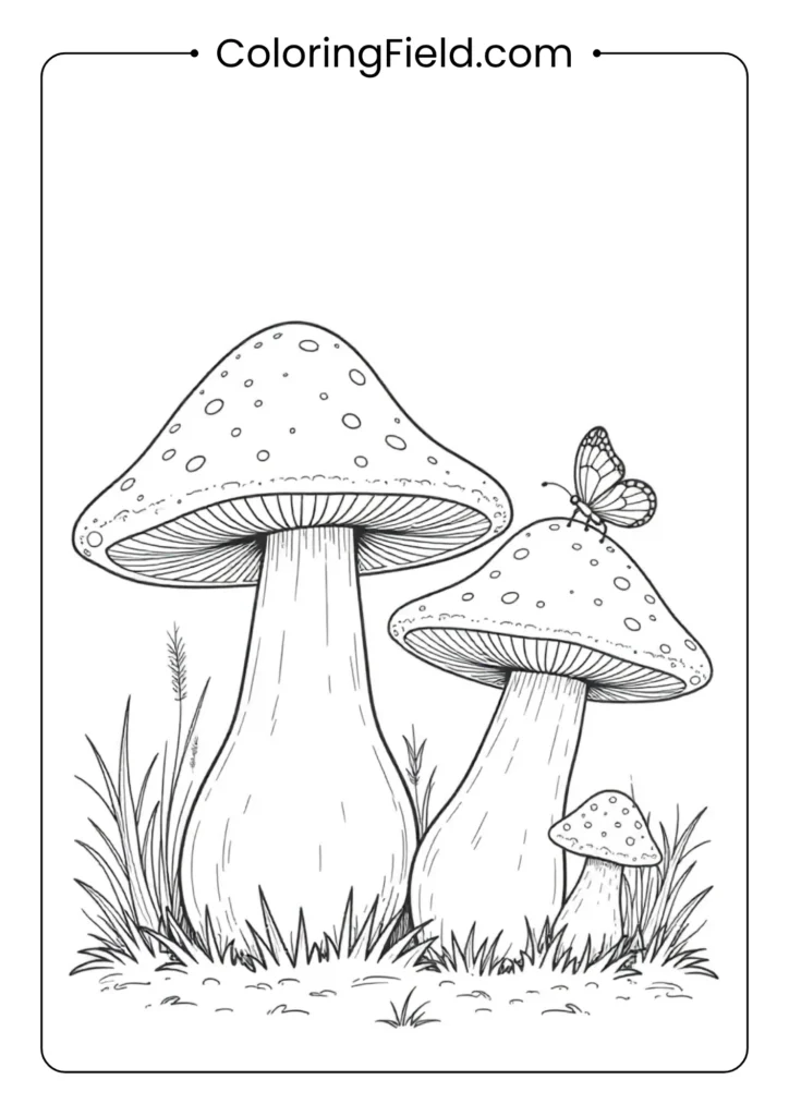 Mushrooms and butterflies coloring page featuring a variety of mushrooms with butterflies fluttering around in a whimsical woodland scene.