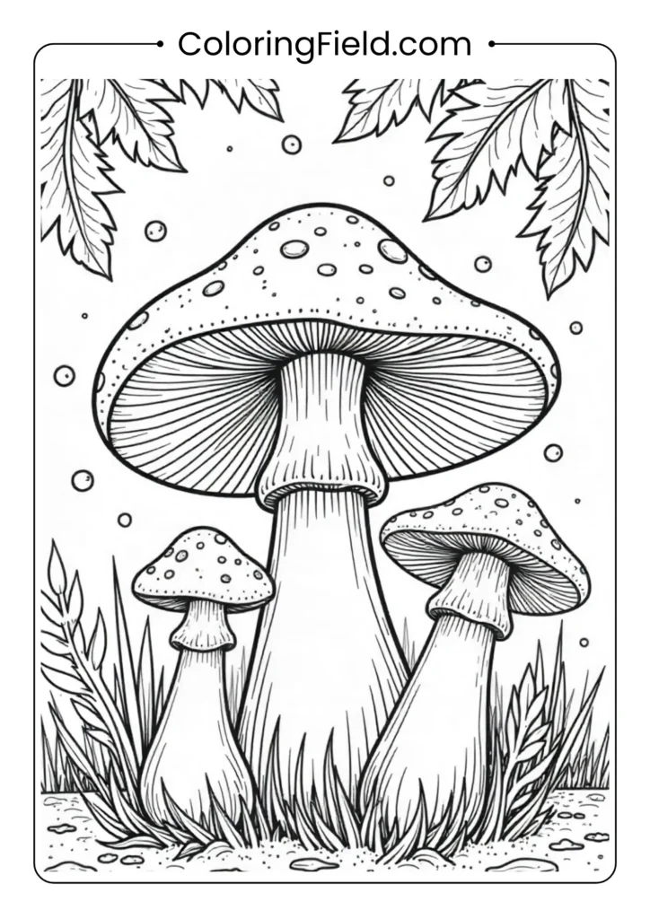 Mushrooms and forest leaves pattern coloring page featuring a repeating design of various mushrooms surrounded by autumn leaves and forest elements.