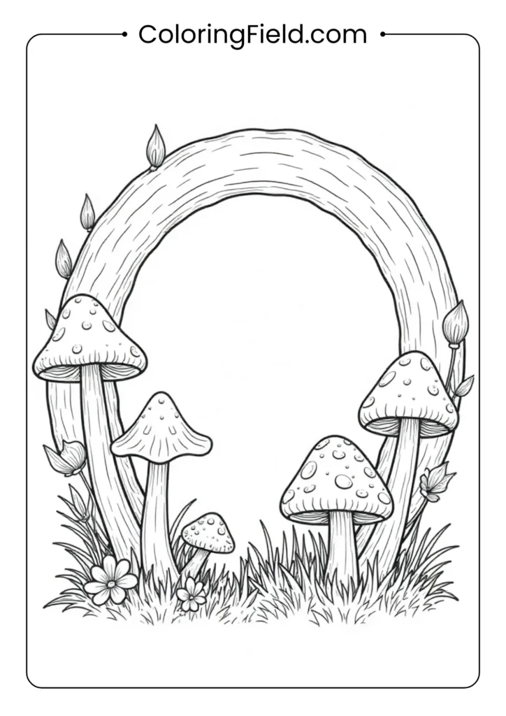 Mushrooms in a fairy ring coloring page featuring a circular arrangement of mushrooms forming a magical fairy ring with grass and tiny flowers.