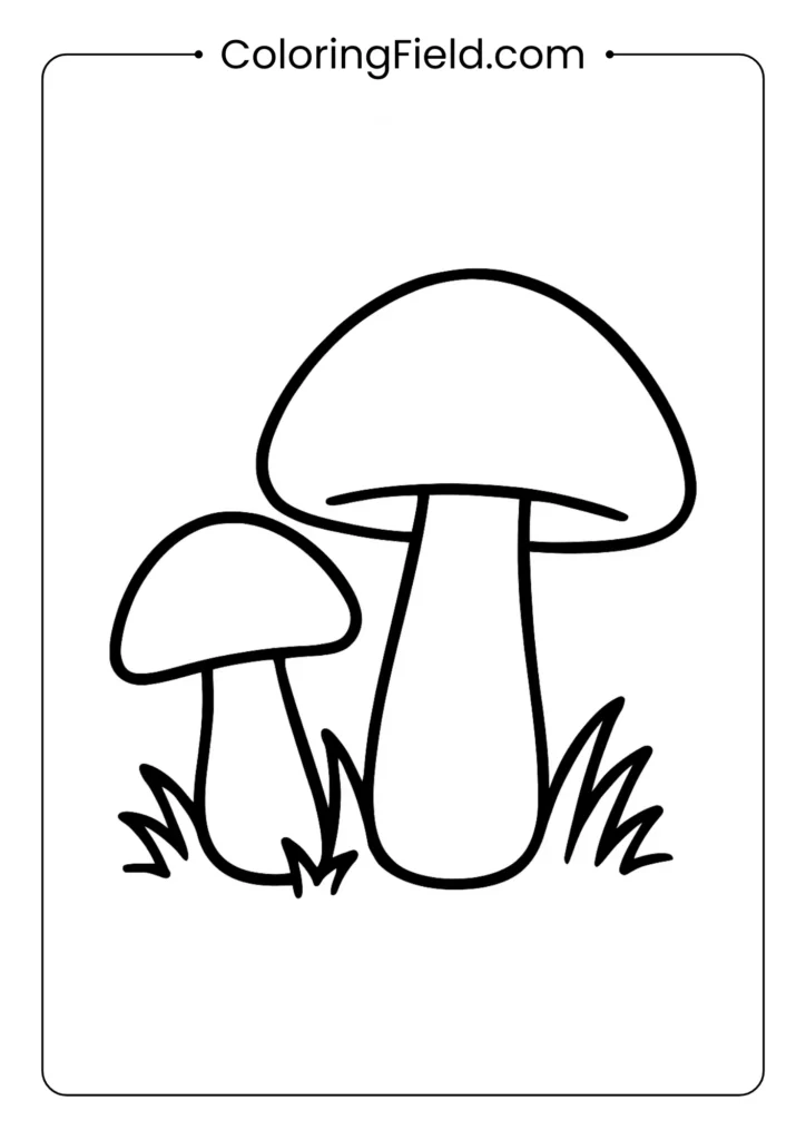 Two basic mushrooms growing from ground with simple grass coloring page