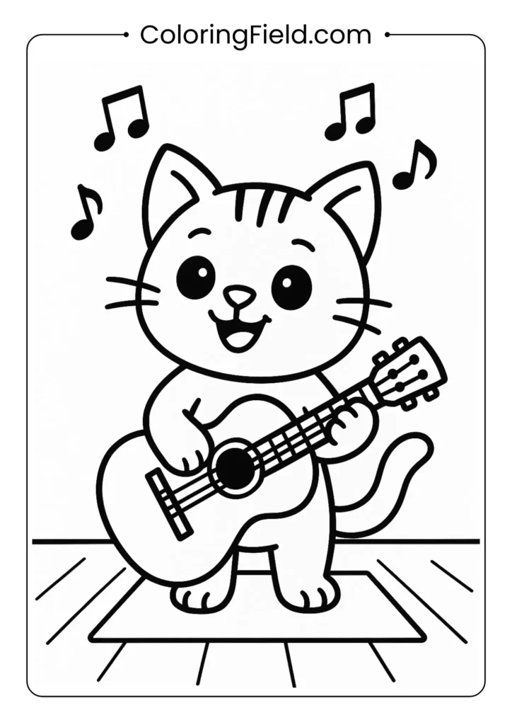 Kitten playing guitar with musical notes.
