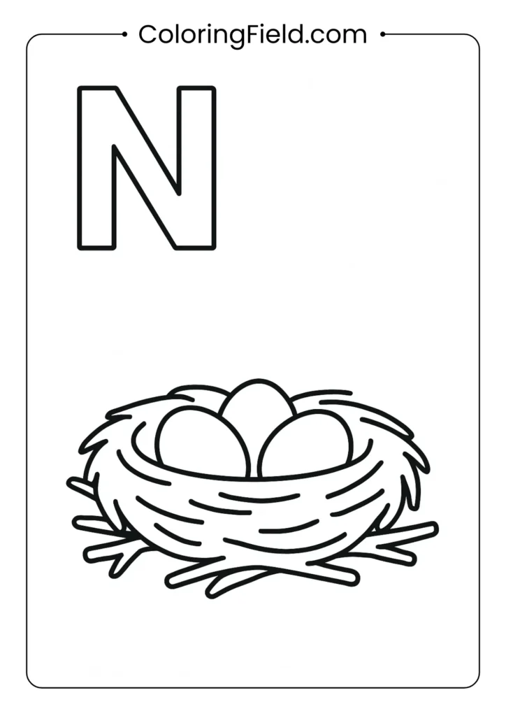 Letter N coloring page with bird nest for nature alphabet learning