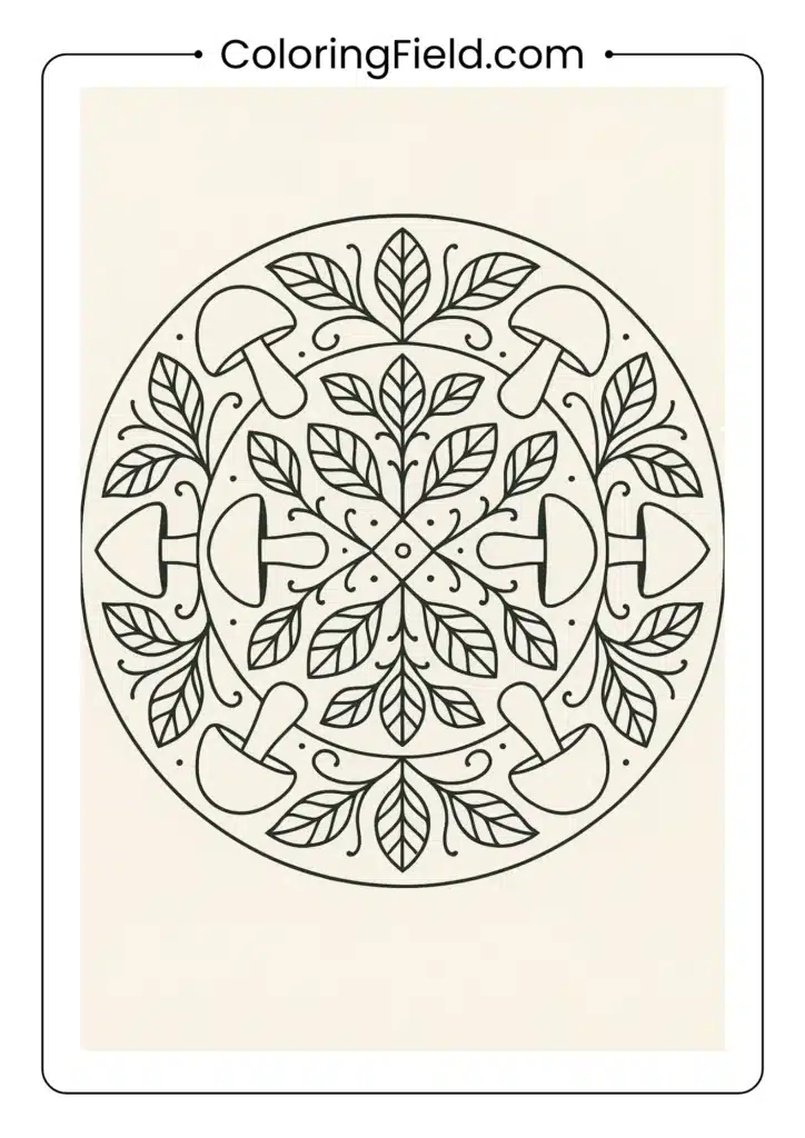Symmetrical design combining mushrooms and leaves in mandala formation coloring page