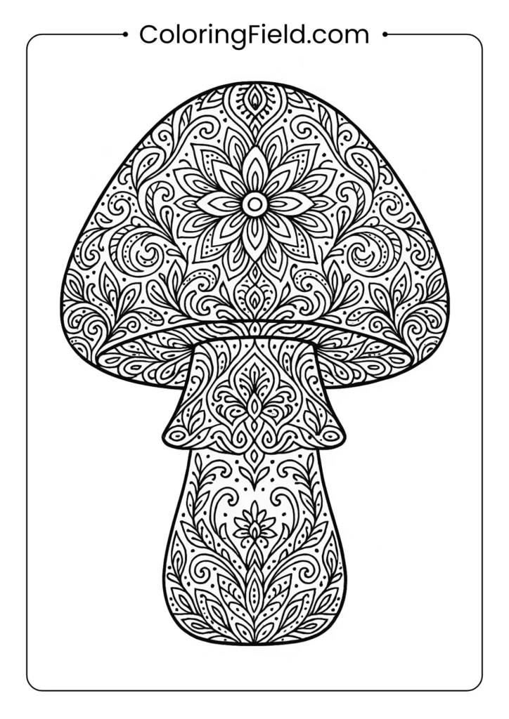 Ornate mushroom with elaborate decorative patterns covering cap and stem coloring page
