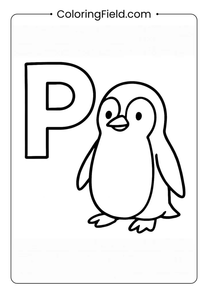 Letter P coloring page with cute penguin for Arctic animal alphabet learning