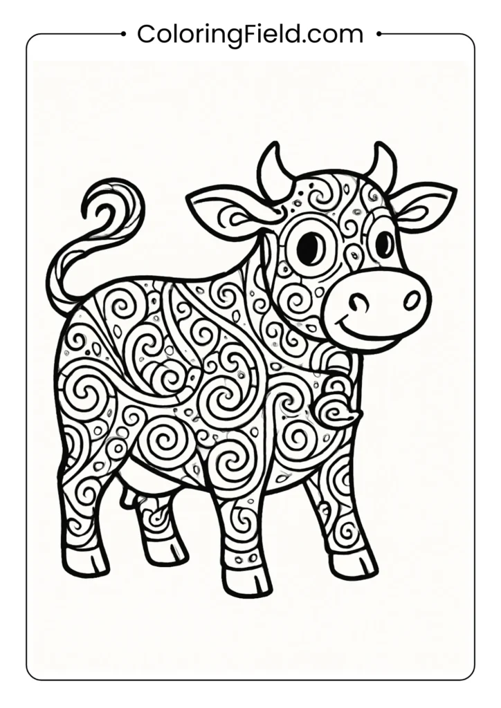 Cow with paisley and swirl patterns decorative coloring page