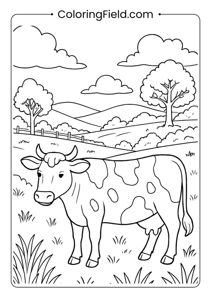 Realistic cow in detailed countryside landscape with hills and trees