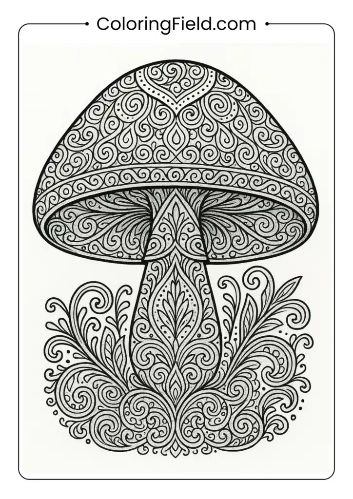 Highly decorative mushroom with swirls and ornamental patterns coloring page