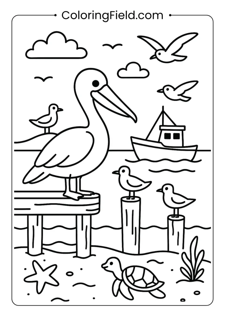 Pelican and seagulls on pier coloring page with fishing boat