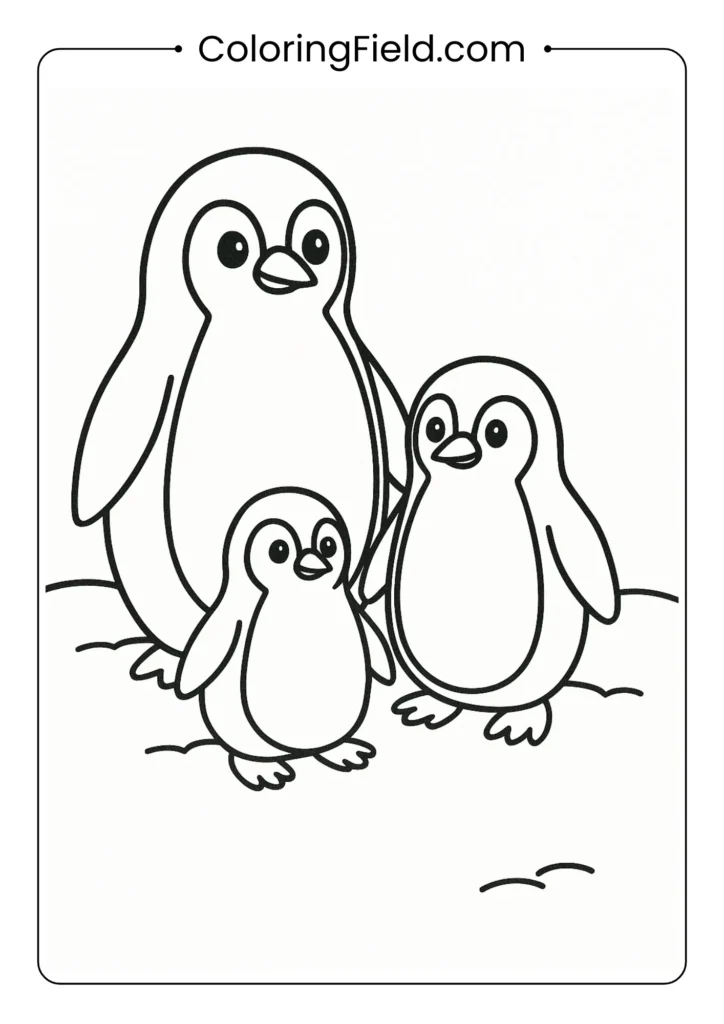Penguin family coloring page showing three penguins of different sizes