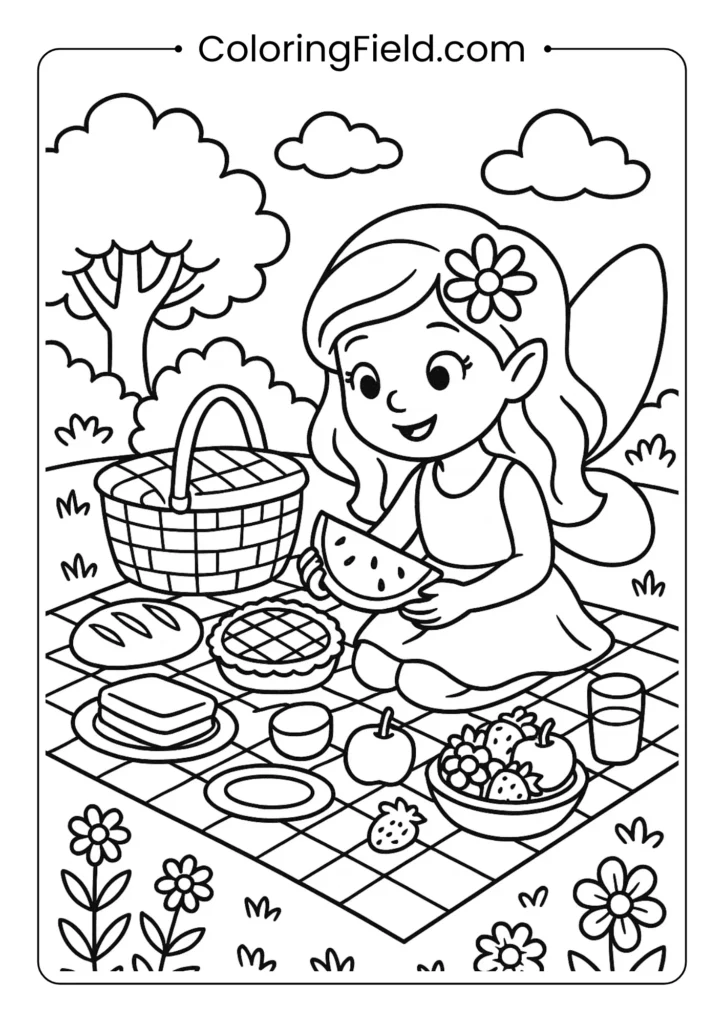 Fairy having summer picnic outdoors coloring page
