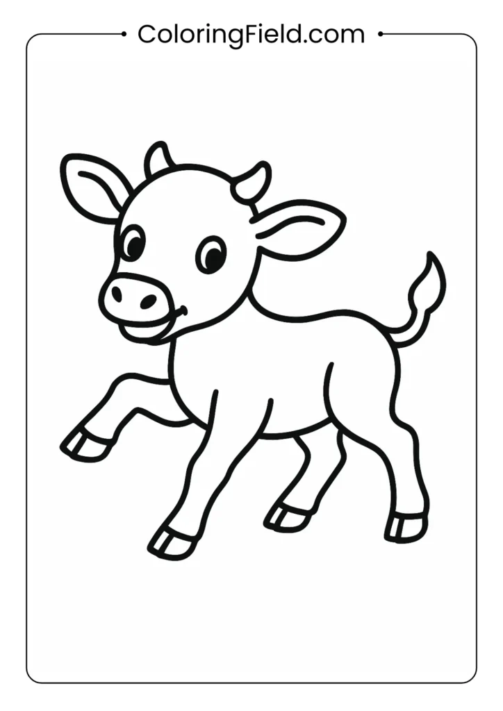 Baby calf in playful pose simple outline coloring page for toddlers