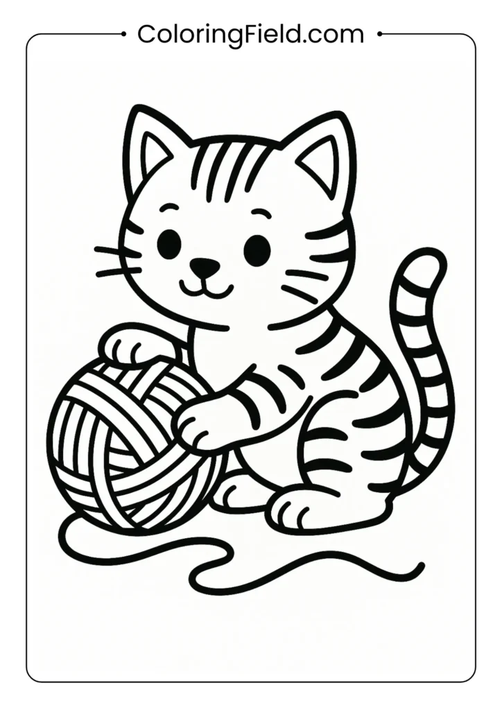 Tabby kitten playing with a ball of yarn, simple line art.