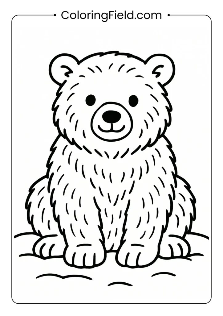 Polar bear coloring page showing friendly bear sitting in snow