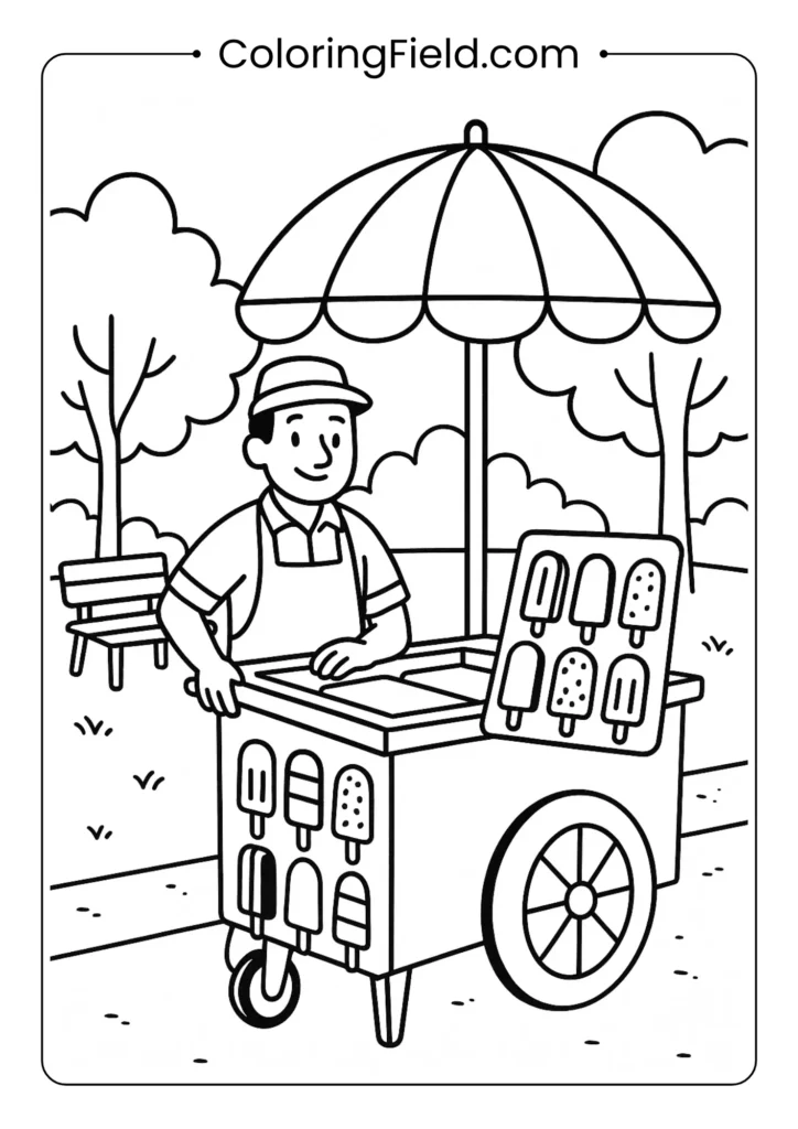 Popsicle cart in park coloring page with umbrella and tree background