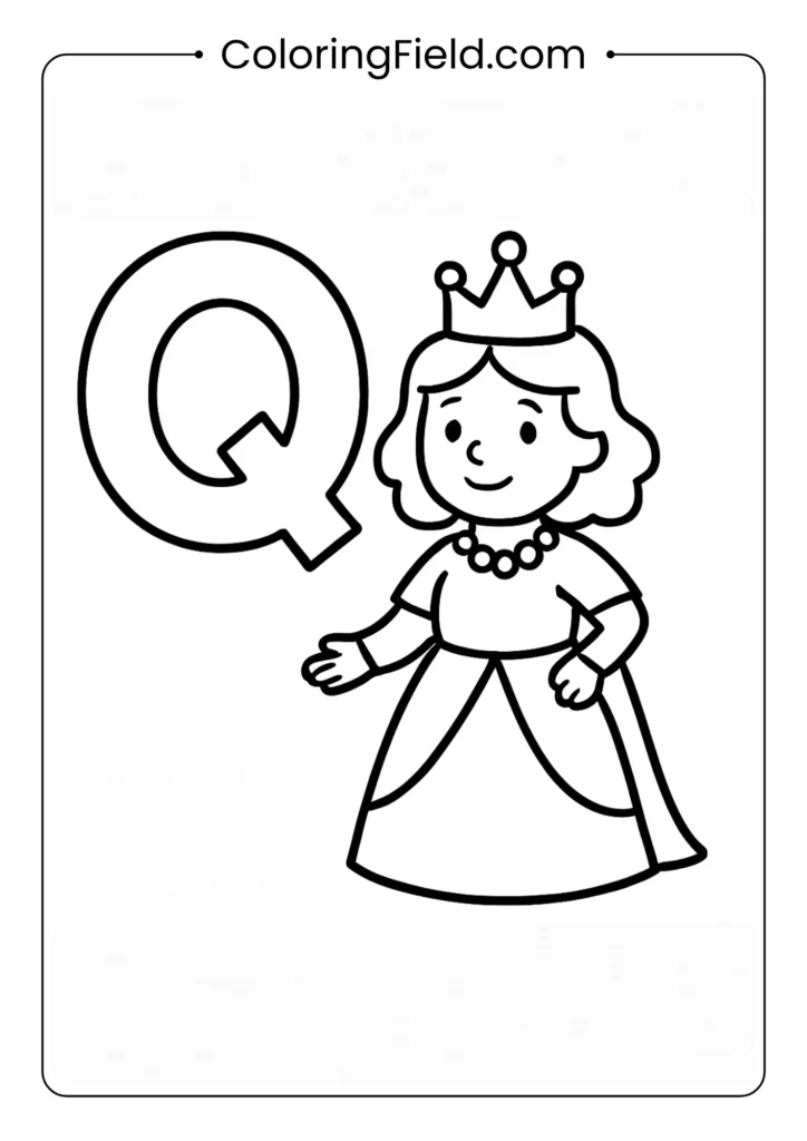 Letter Q coloring page with royal queen for fairy tale alphabet theme