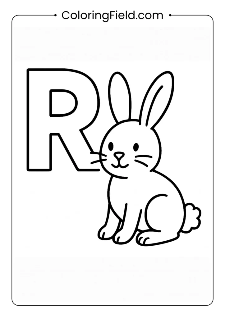 Letter R coloring page with bunny rabbit for springtime alphabet learning
