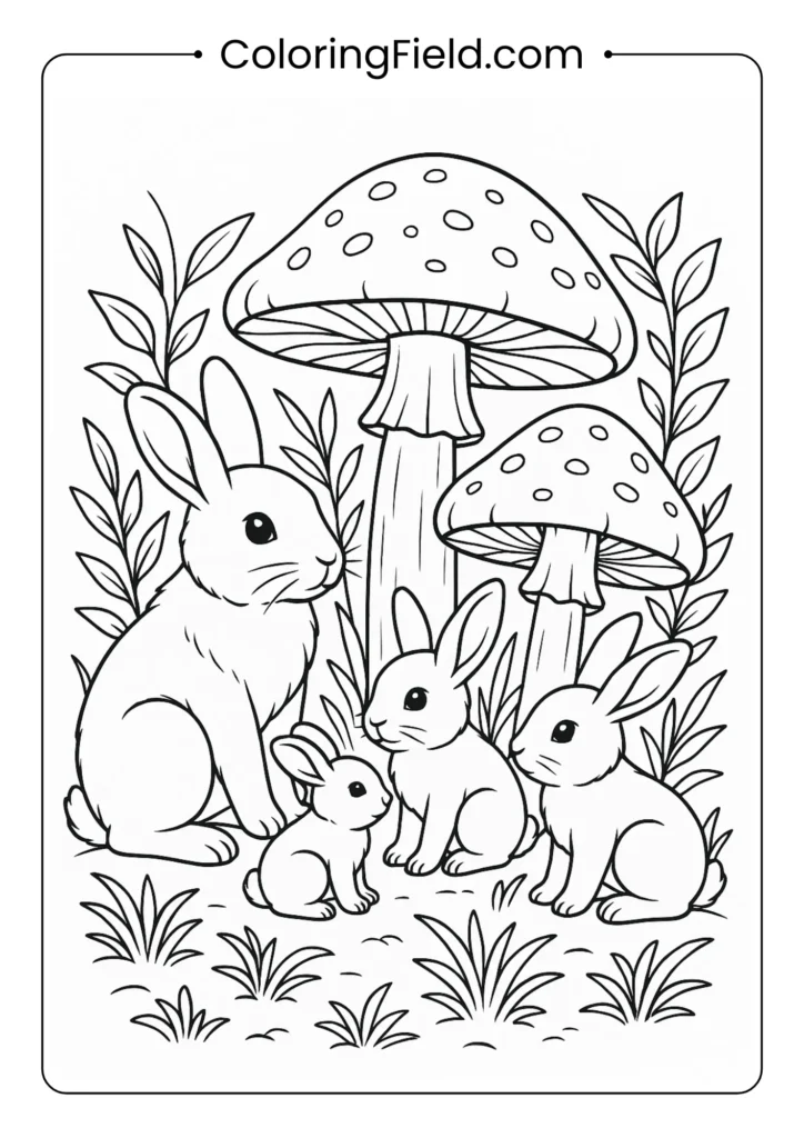 Rabbit family gathered around mushroom cluster with fluffy tails coloring page