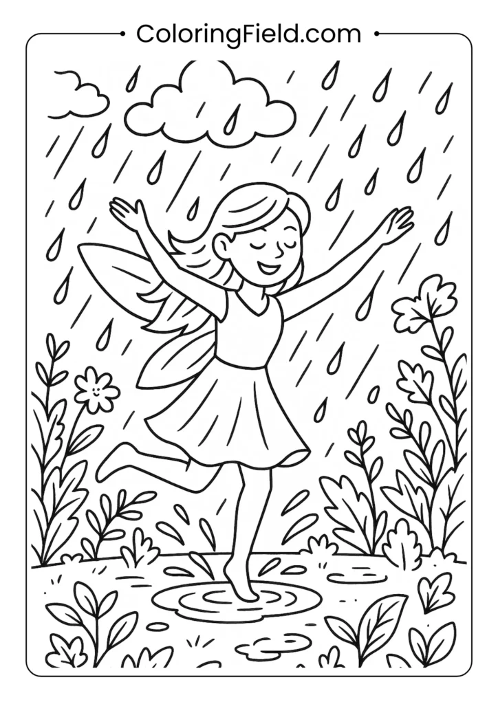 Fairy dancing in spring rain with raindrops coloring page