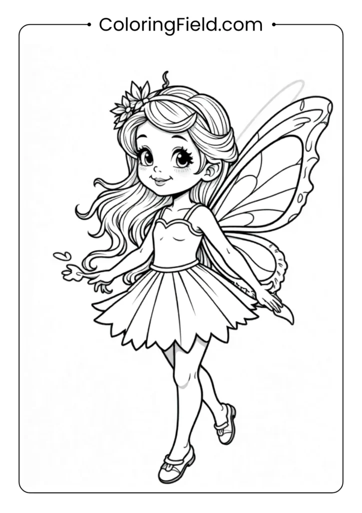 Rainbow fairy coloring page featuring a whimsical fairy with large, colorful wings resembling a rainbow, surrounded by clouds, stars, or flowers.