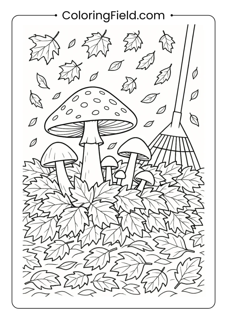Mushrooms growing in pile of raked leaves with garden rake coloring page