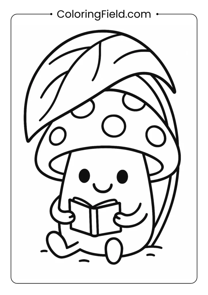 Happy mushroom reading book under leaf umbrella coloring page