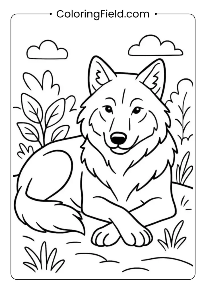 Realistic adult wolf resting coloring page with detailed fur and calm expression