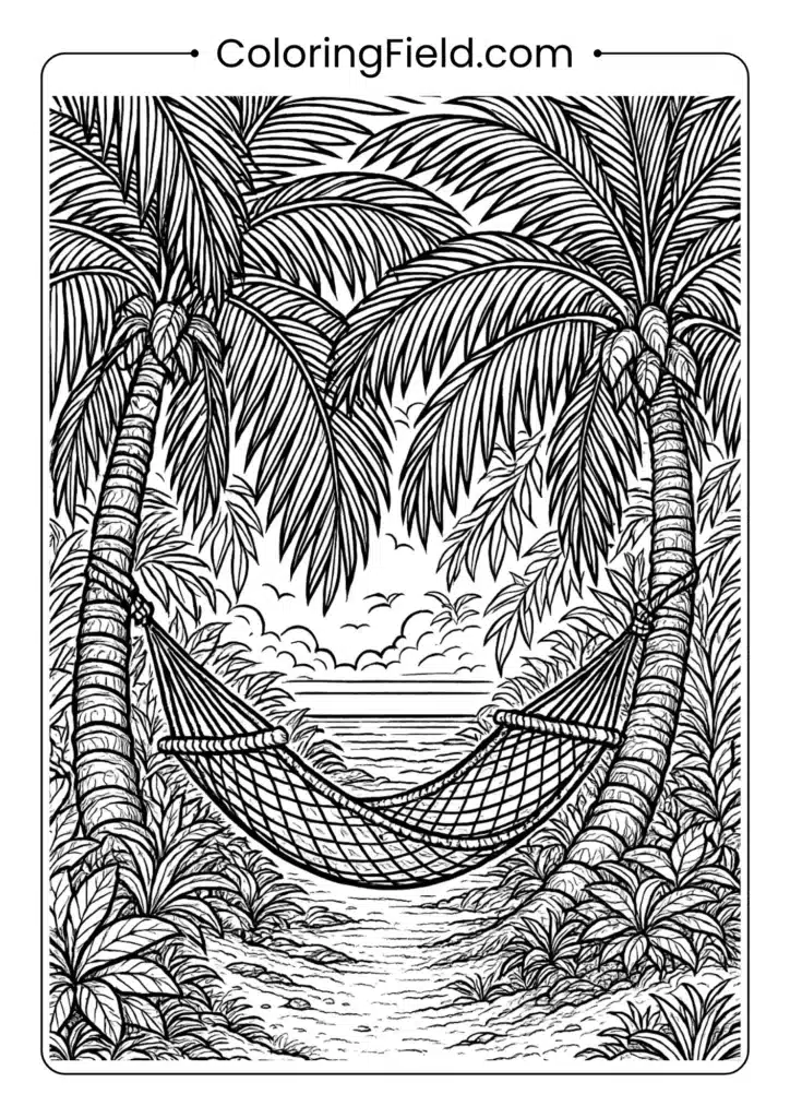 Detailed palm trees and hammock coloring page with textured bark and rope weaving